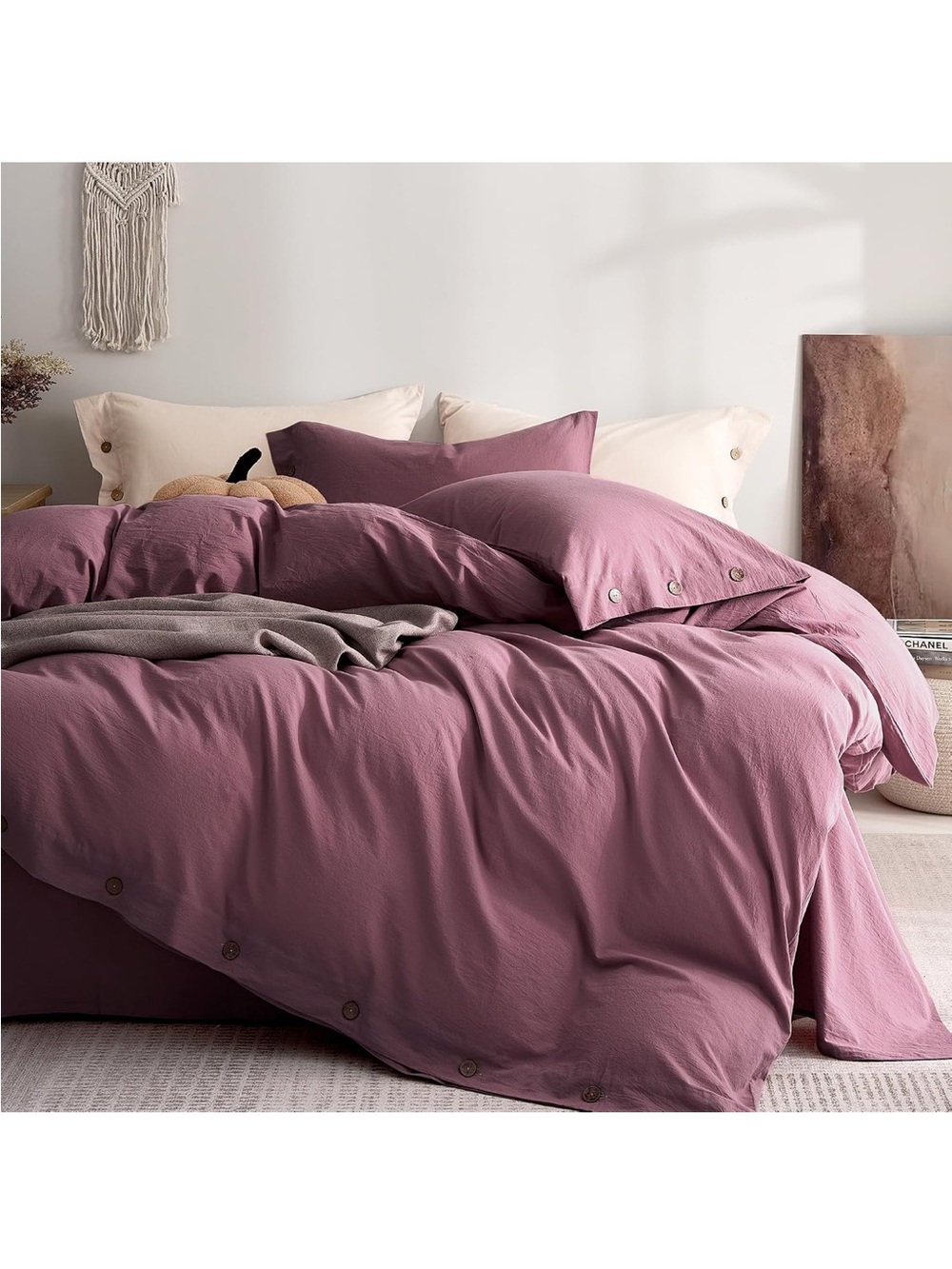 NEW JELLYMONI 100% Washed Cotton Deep Rose Duvet Cover Set, Linen-Like. Queen